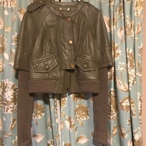 Tory Burch green leather jacket, sweater sleeves